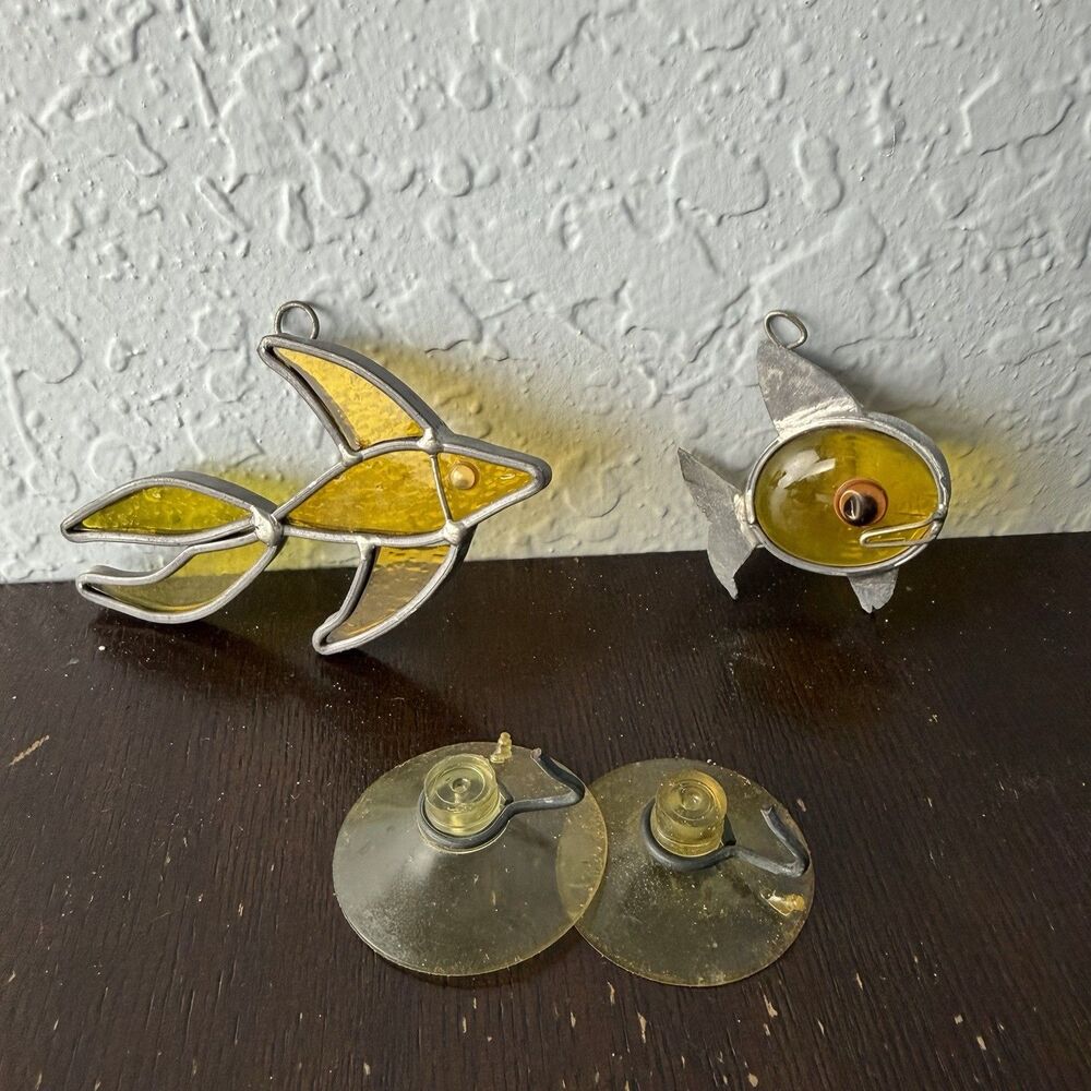 Suncatchers Vintage Stained Glass Handcrafted Yellow Fish Set Of 2 Soldered
